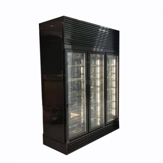 Três porta de vidro preto de aço inoxidável carne de exibição de gabinete 